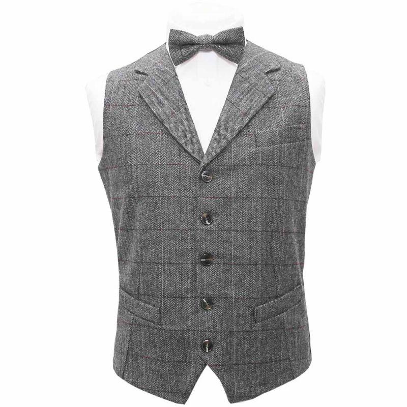 king & priory Luxury Herringbone Pewter Grey Waistcoat & Bow Tie Set