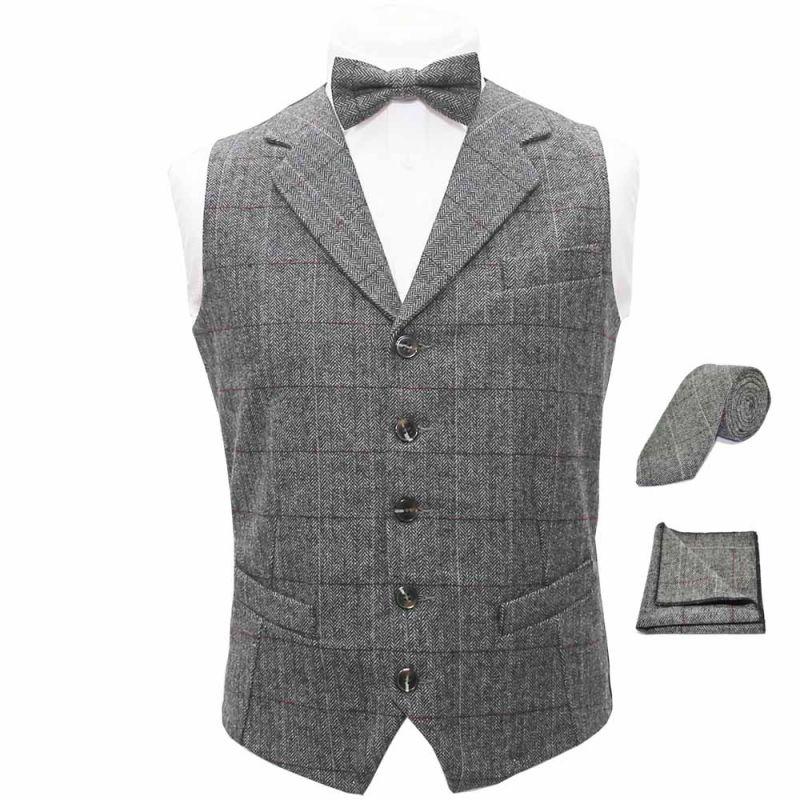 king & priory Luxury Herringbone Pewter Grey Waistcoat Bow Tie Tie & Pocket Square Set