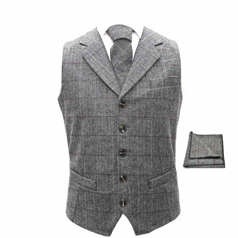 king & priory Luxury Herringbone Pewter Grey Waistcoat Tie & Pocket Square Set