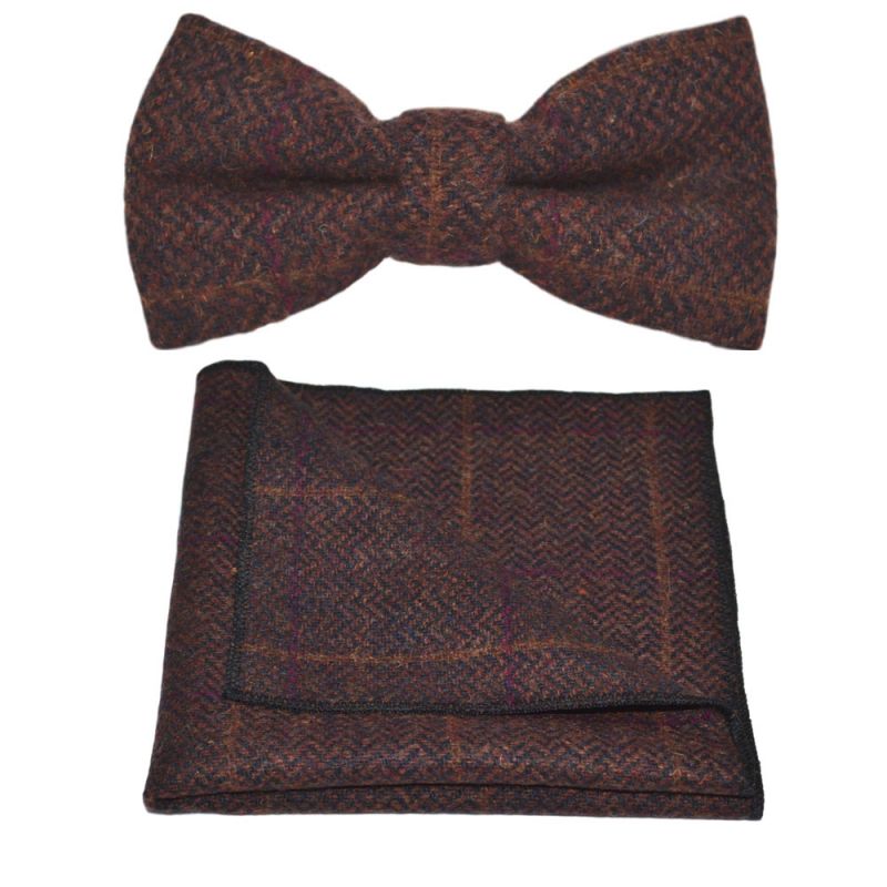 King & Priory Mahogany Herringbone Check Bow Tie & Pocket Square Set