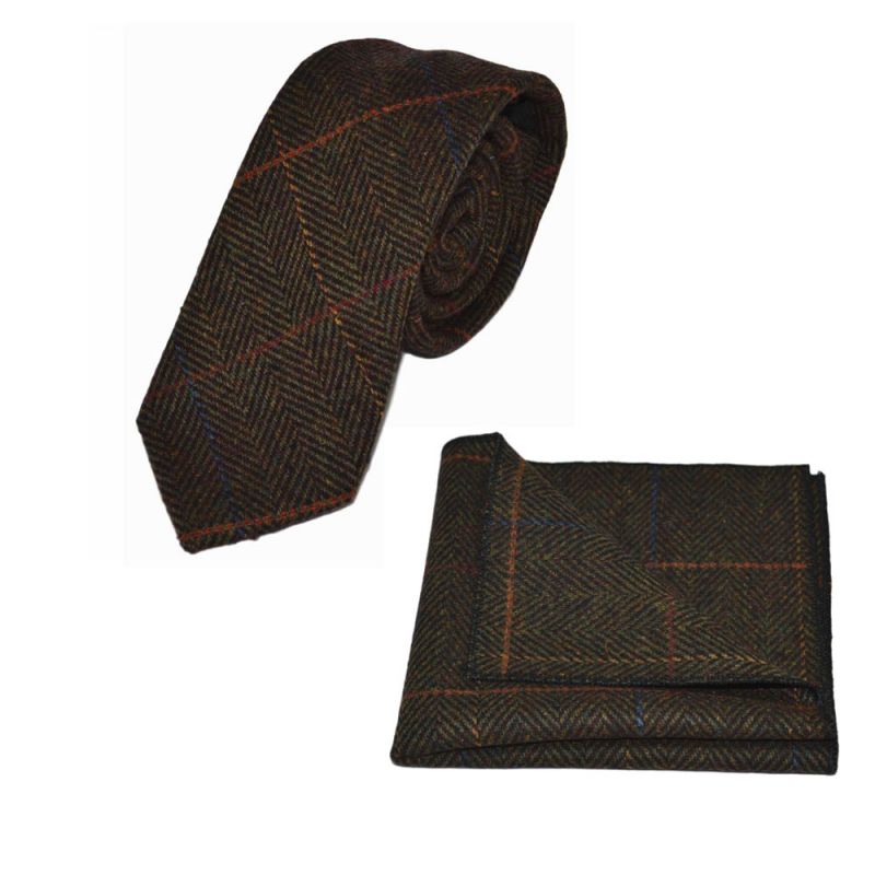 King & Priory Mahogany Herringbone Check Tie & Pocket Square Set