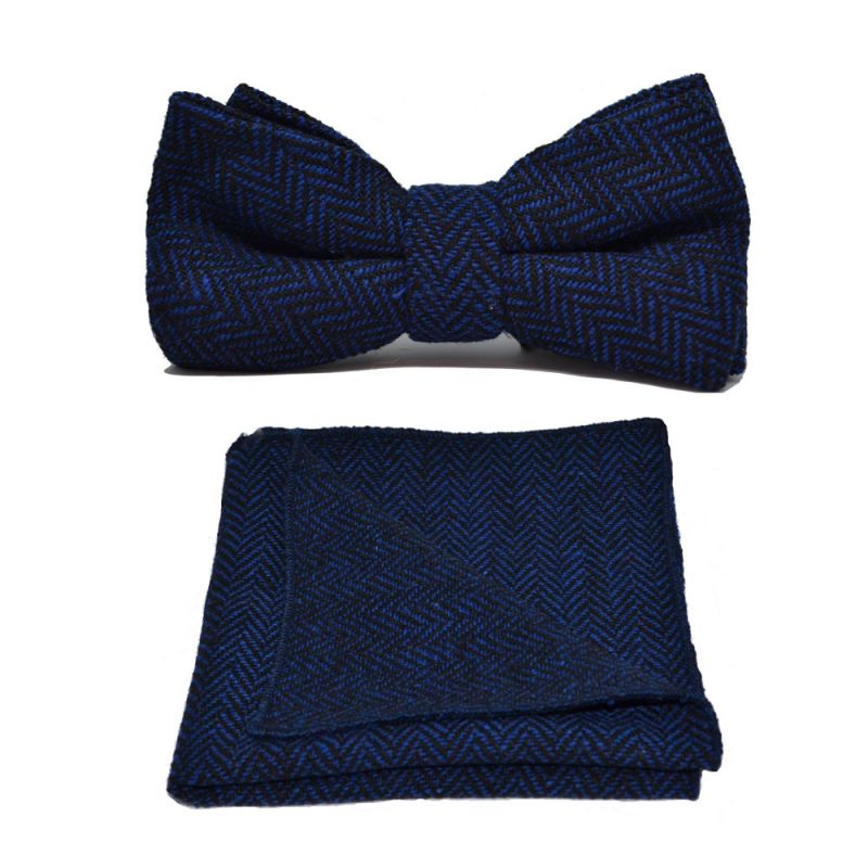 King & Priory Midnight Blue & Black Herringbone Bow Tie & Pocket Square Set