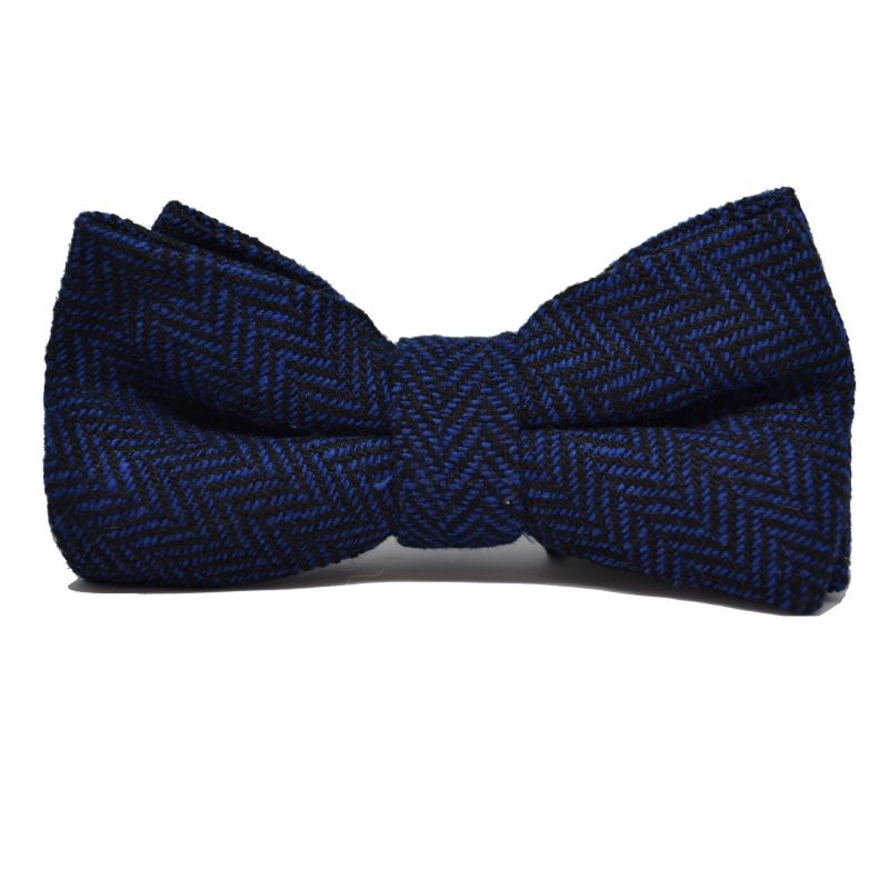King & Priory Midnight Blue & Black Herringbone Bow Tie & Pocket Square Set