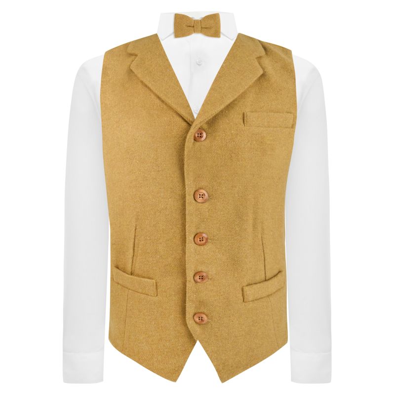 King & Priory Mustard Woven Wool Waistcoat With Lapel