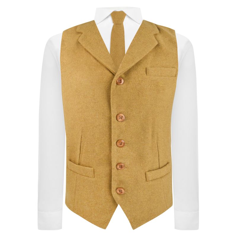 King & Priory Mustard Woven Wool Waistcoat With Lapel