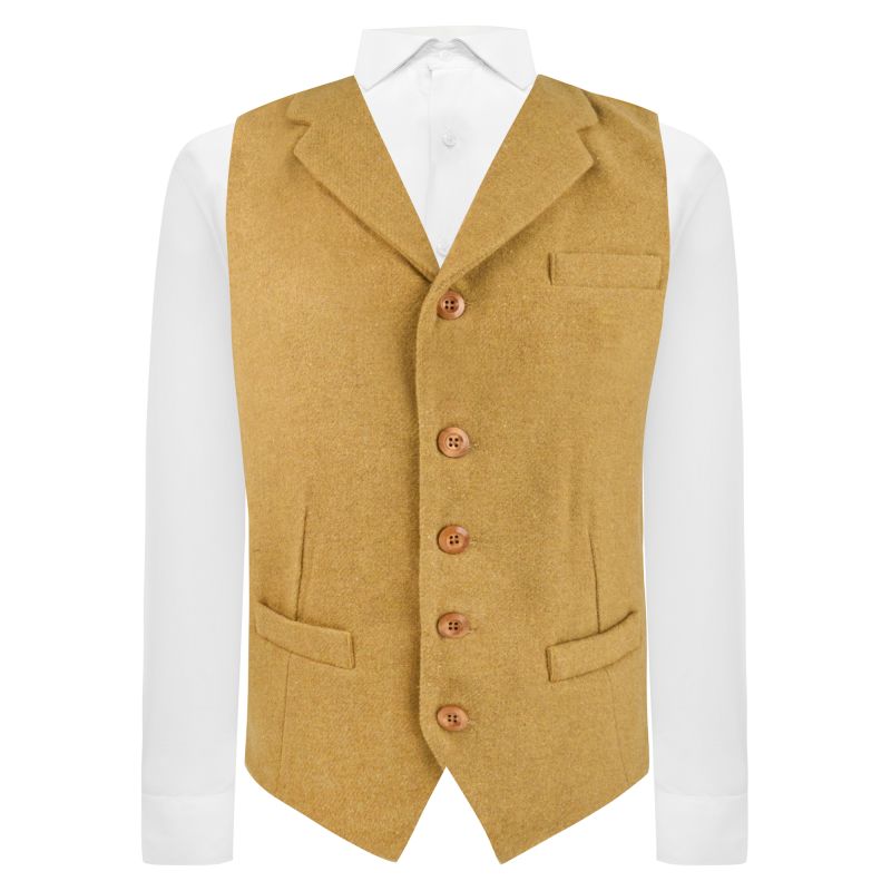 king & priory Mustard Woven Wool Waistcoat with Lapel