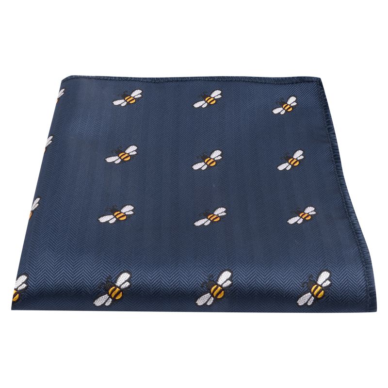 King & Priory Navy Blue Bee Herringbone Pocket Square
