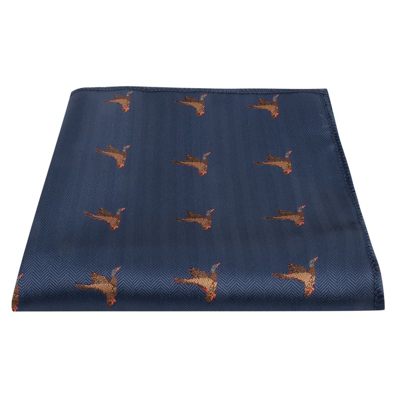 King & Priory Navy Blue Flying Duck Herringbone Pocket Square