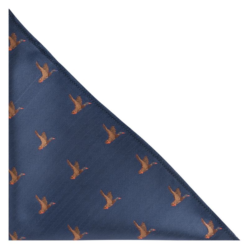 king & priory Navy Blue Flying Duck Herringbone Pocket Square