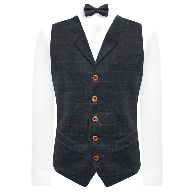 King & Priory Navy Blue Heritage Check Waistcoat With Lapel