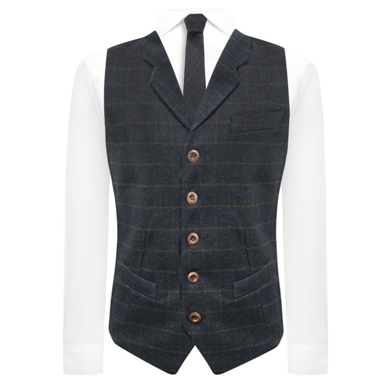 King & Priory Navy Blue Heritage Check Waistcoat With Lapel