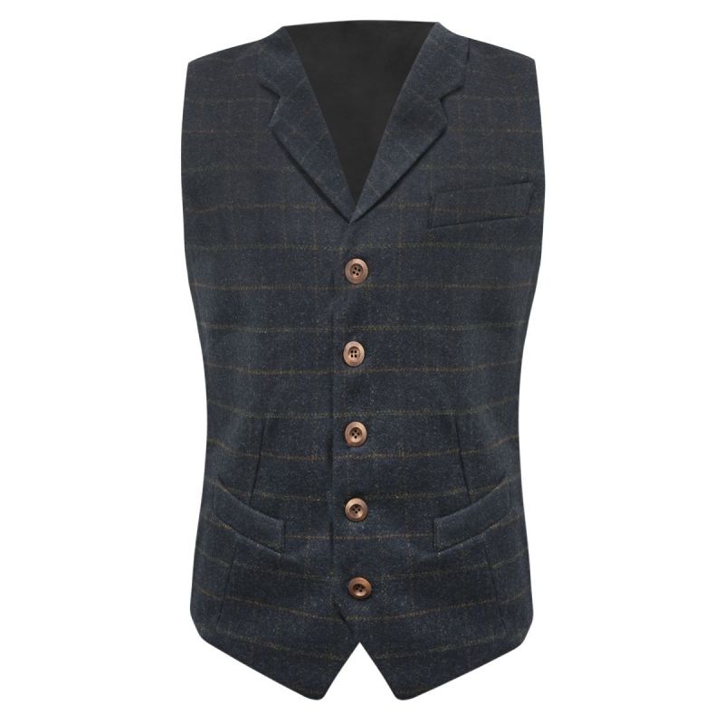 King & Priory Navy Blue Heritage Check Waistcoat With Lapel