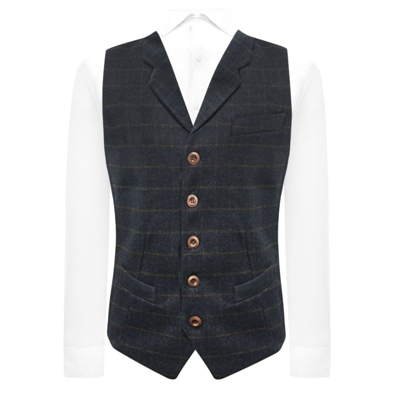 king & priory Navy Blue Heritage Check Waistcoat with Lapel