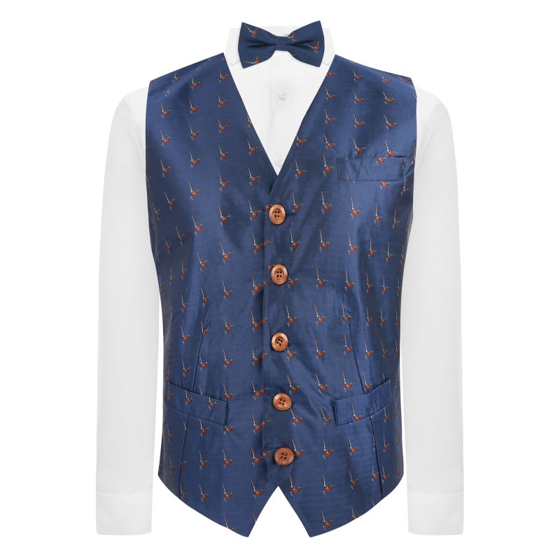 King & Priory Navy Blue Herringbone Pheasant Waistcoat