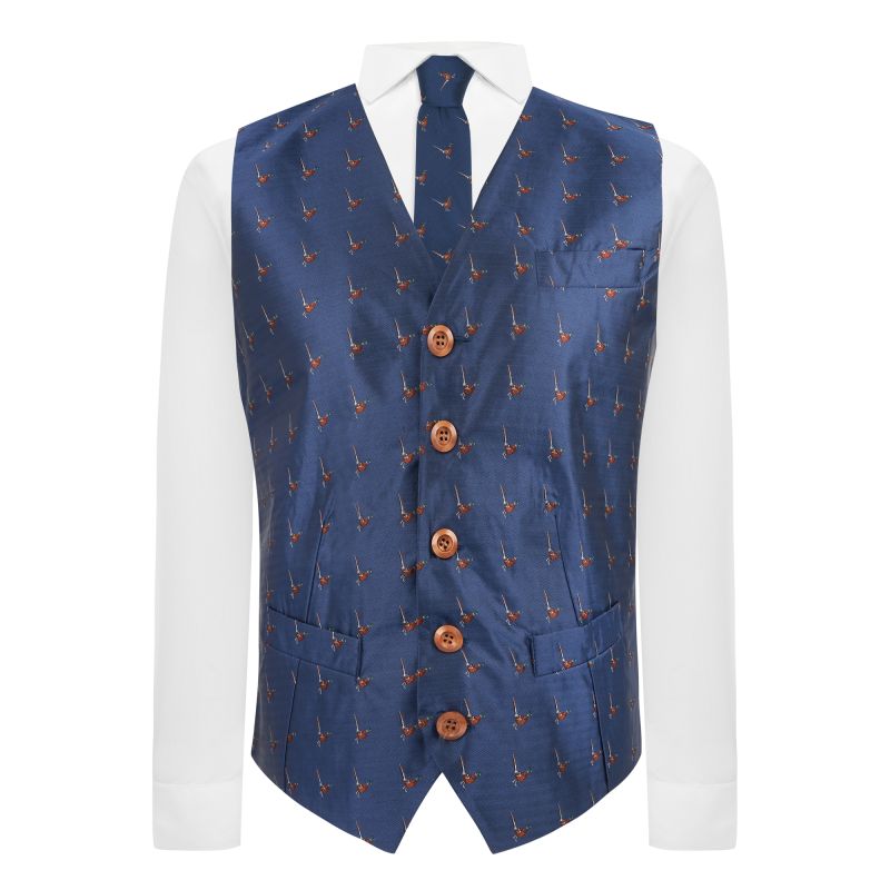 King & Priory Navy Blue Herringbone Pheasant Waistcoat