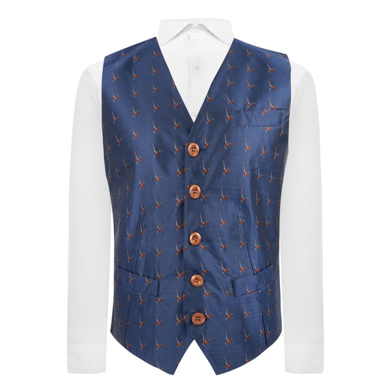 King & Priory Navy Blue Herringbone Pheasant Waistcoat