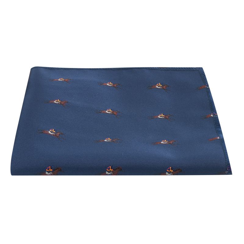 King & Priory Navy Blue Horse And Jockey Embroidered Pocket Square