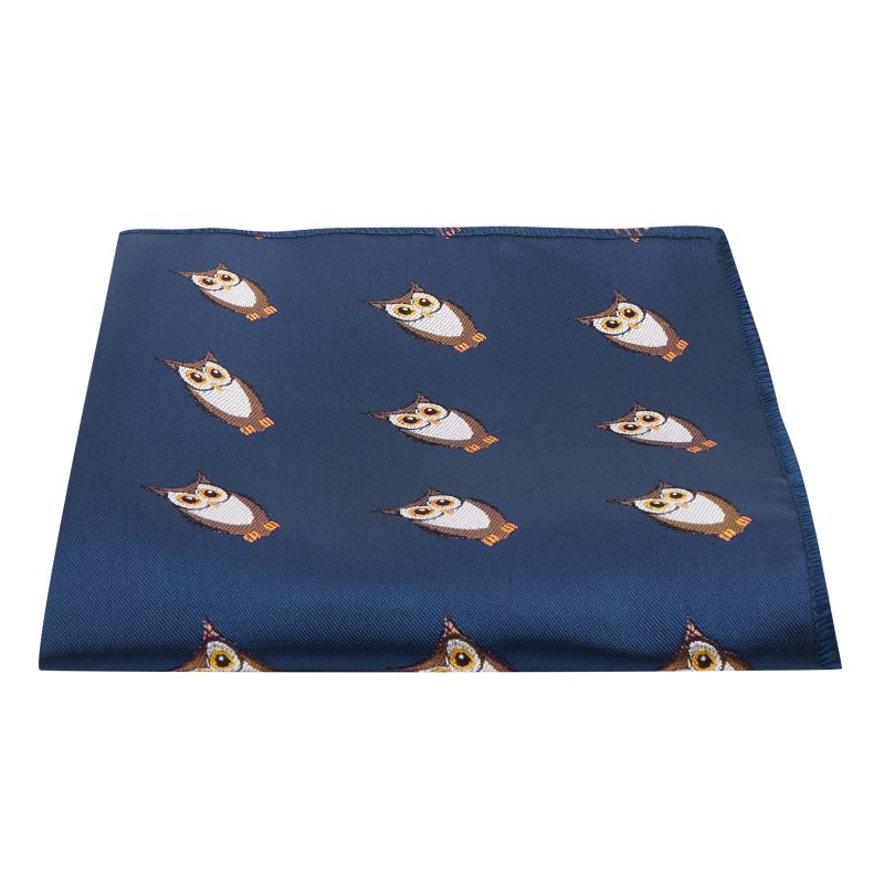 King & Priory Navy Blue Owl Embroidered Pocket Square