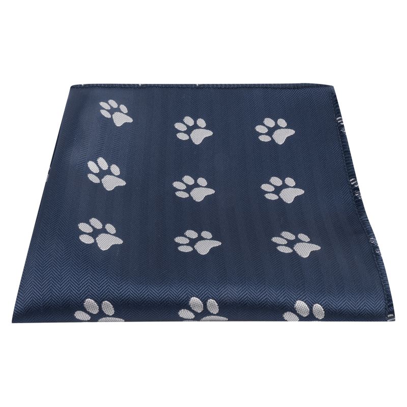 King & Priory Navy Blue Paw Print Herringbone Pocket Square