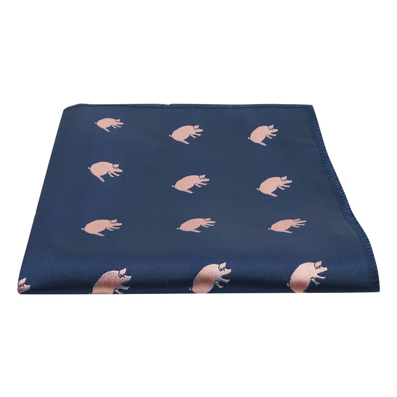 King & Priory Navy Blue Pig Embroidered Pocket Square