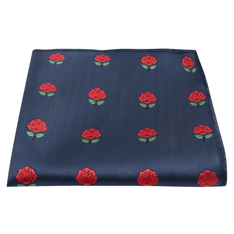 King & Priory Navy Blue Red Rose Herringbone Pocket Square