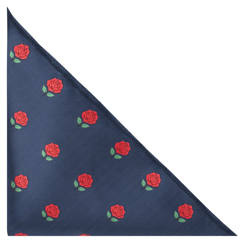king & priory Navy Blue Red Rose Herringbone Pocket Square
