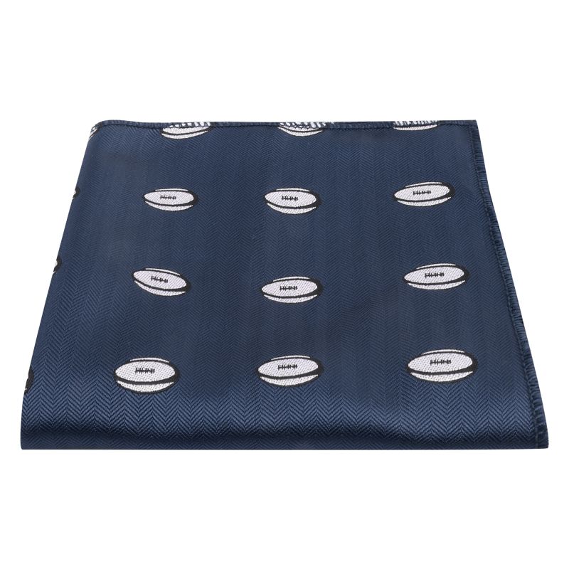 King & Priory Navy Blue Rugby Ball Herringbone Pocket Square