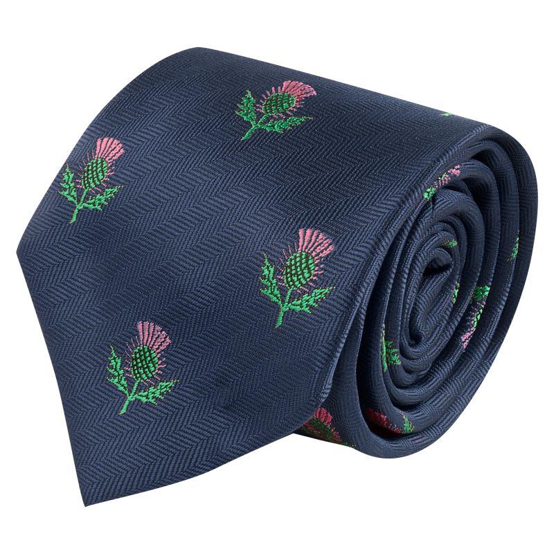 King & Priory Navy Blue Scottish Thistle Herringbone Tie