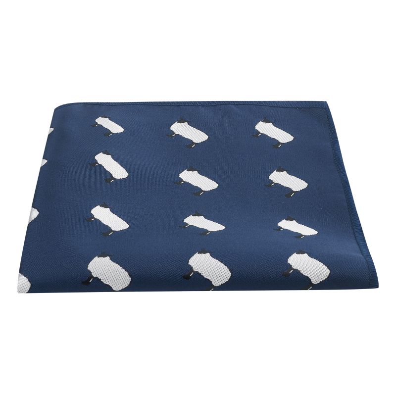 King & Priory Navy Blue Sheep Embroidered Pocket Square