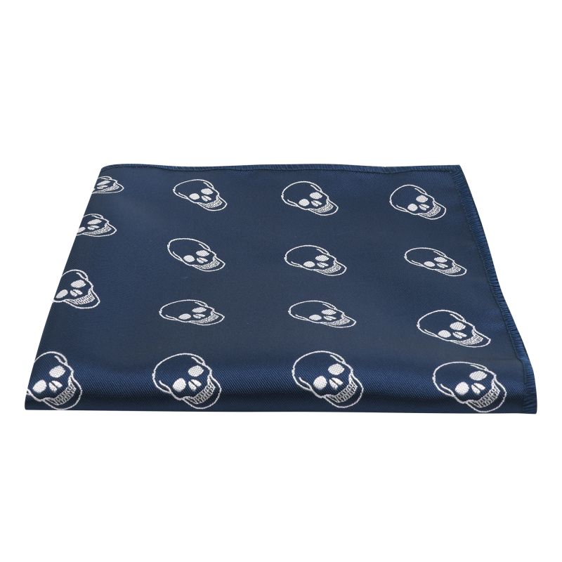 King & Priory Navy Blue Skull Embroidered Pocket Square