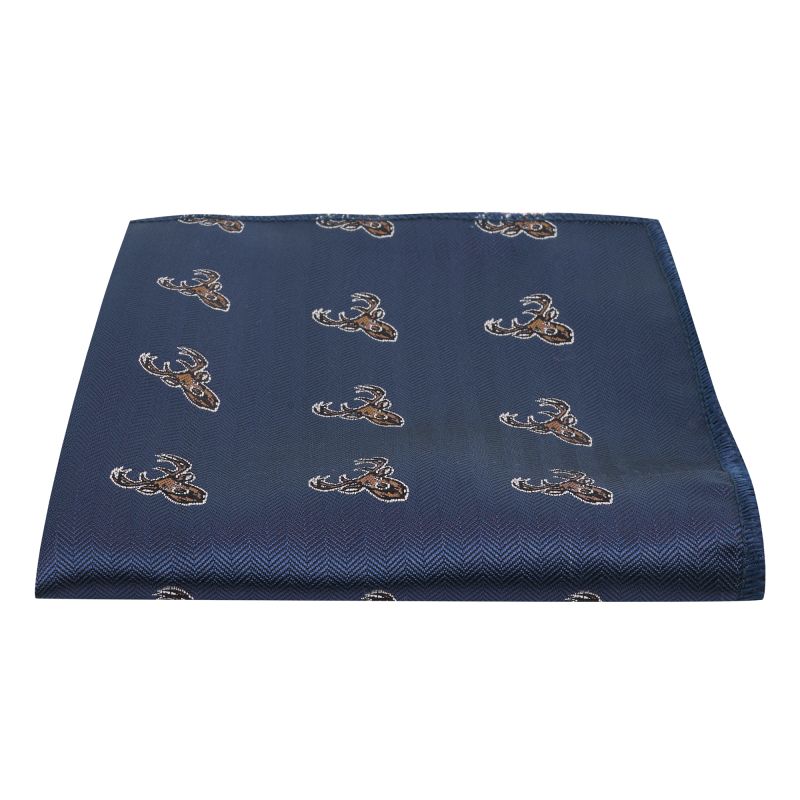 king & priory Navy Blue Stag Head Herringbone Pocket Square