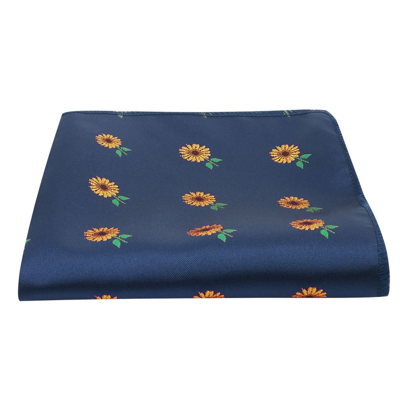 King & Priory Navy Blue Sunflower Embroidered Pocket Square