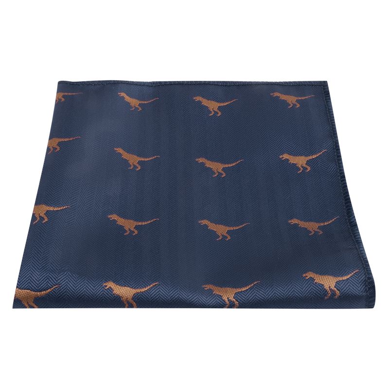 King & Priory Navy Blue Tyrannosaurus Rex / T-Rex Herringbone Pocket Square