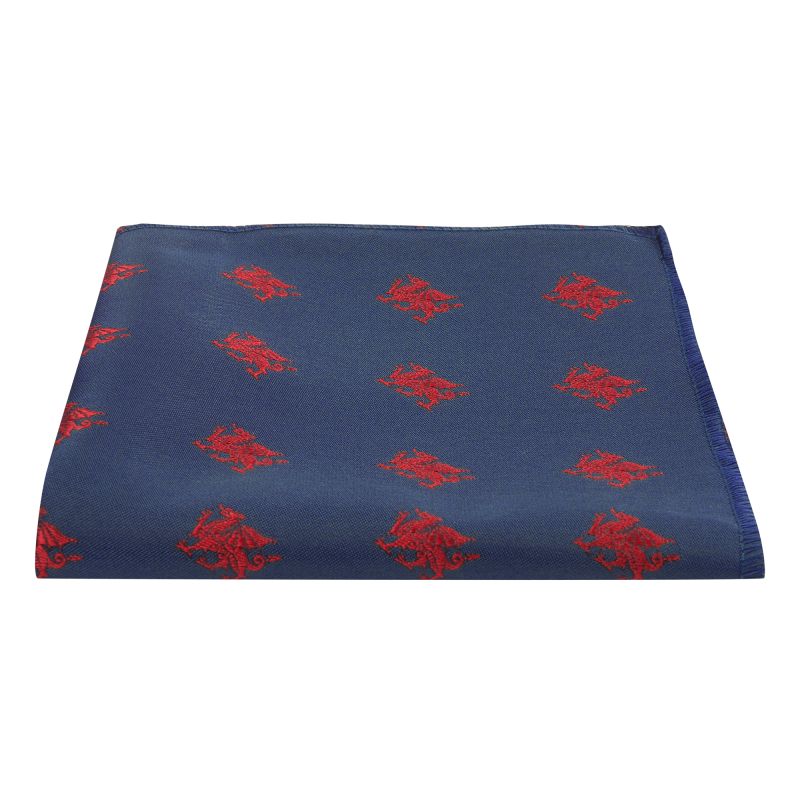 King & Priory Navy Blue Welsh Dragon Embroidered Pocket Square