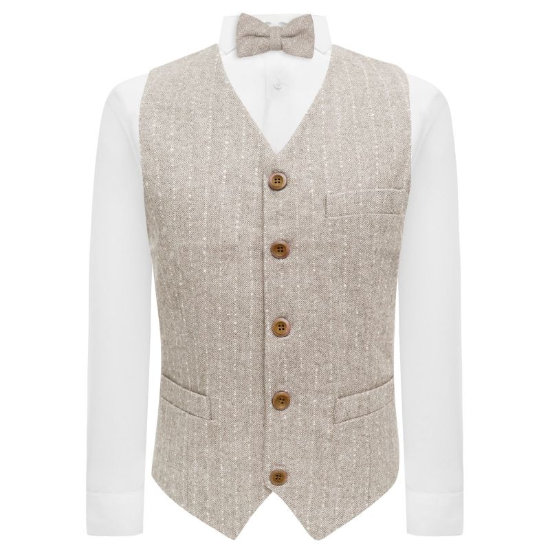 King & Priory Oatmeal Herringbone With Pinstripe Waistcoat
