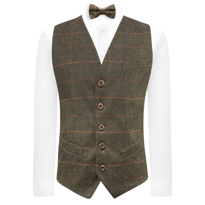 King & Priory Olive Green Herringbone Check Waistcoat
