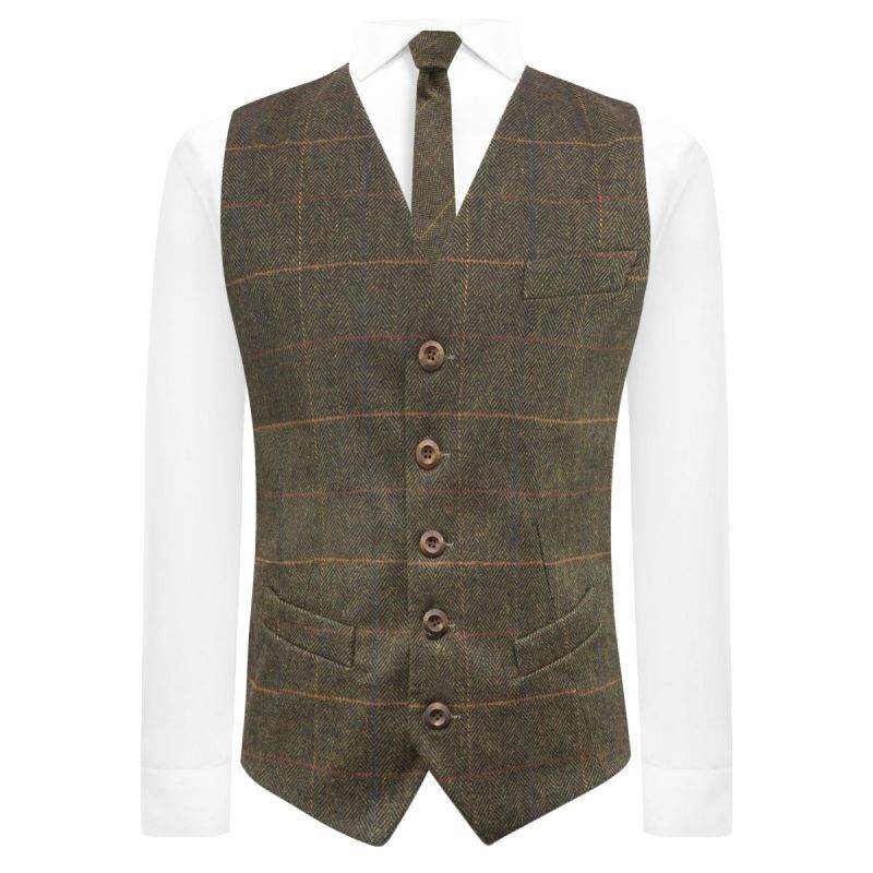 King & Priory Olive Green Herringbone Check Waistcoat
