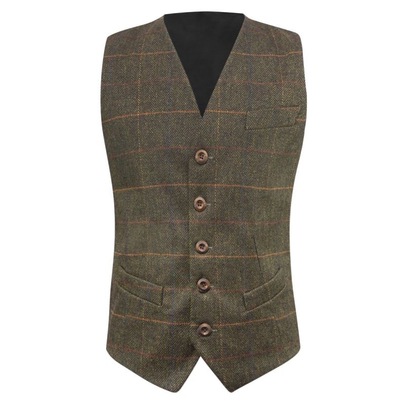 King & Priory Olive Green Herringbone Check Waistcoat