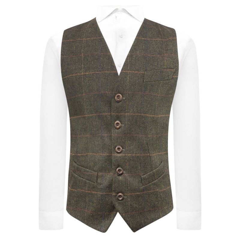 king & priory Olive Green Herringbone Check Waistcoat