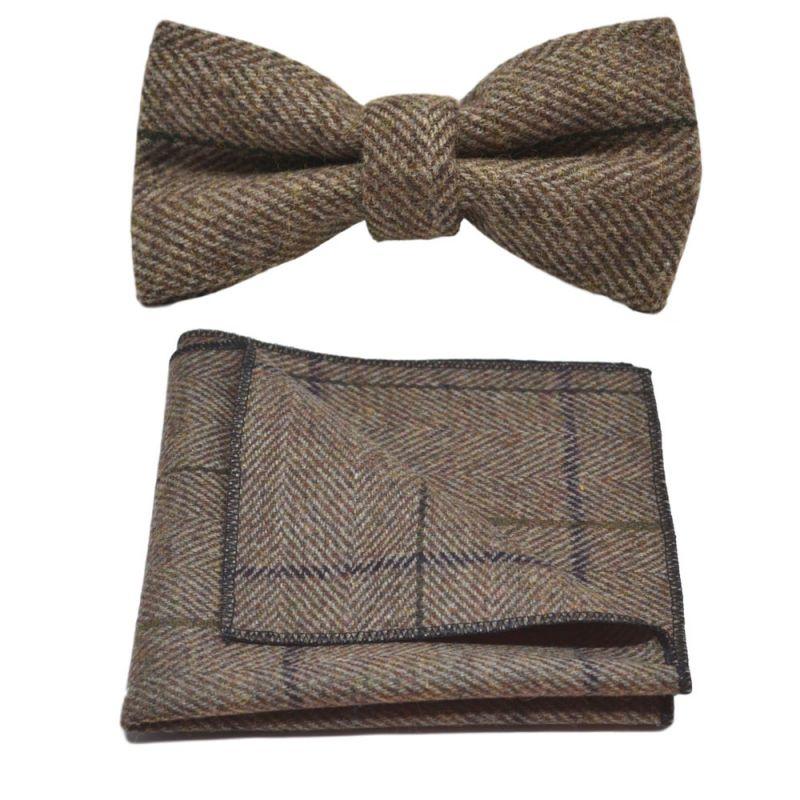 King & Priory Peanut Brown Herringbone Check Bow Tie & Pocket Square Set
