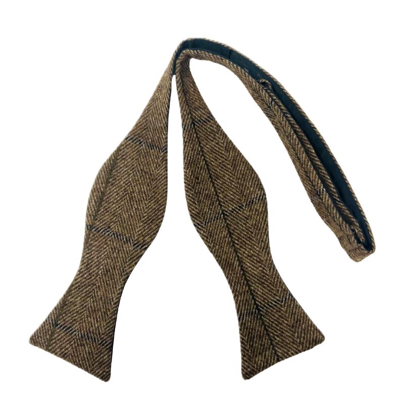 king & priory Peanut Brown Herringbone Check Self-Tie Bow Tie