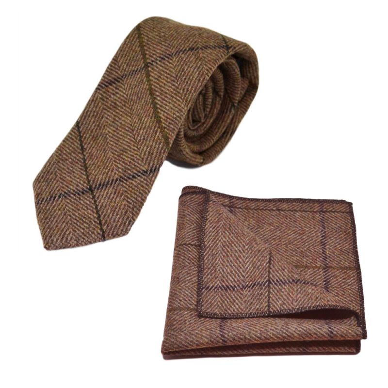 King & Priory Peanut Brown Herringbone Check Tie & Pocket Square Set