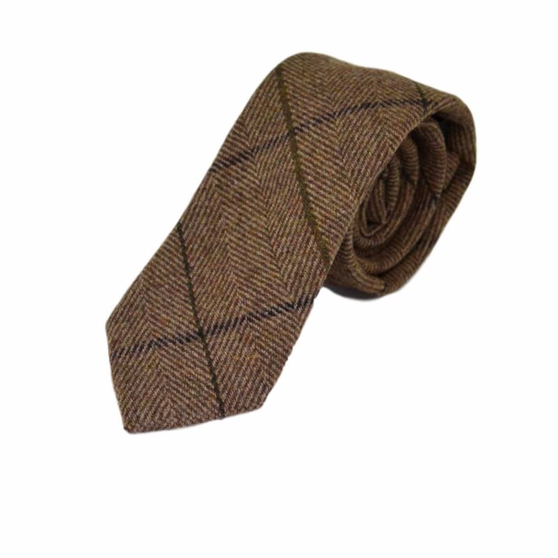 king & priory Peanut Brown Herringbone Check Tie & Pocket Square Set