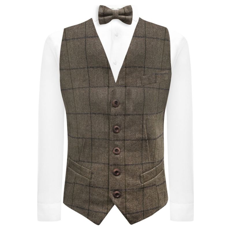 King & Priory Peanut Brown Herringbone Check Waistcoat