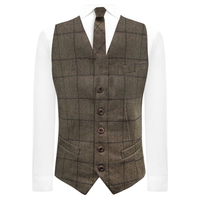 King & Priory Peanut Brown Herringbone Check Waistcoat