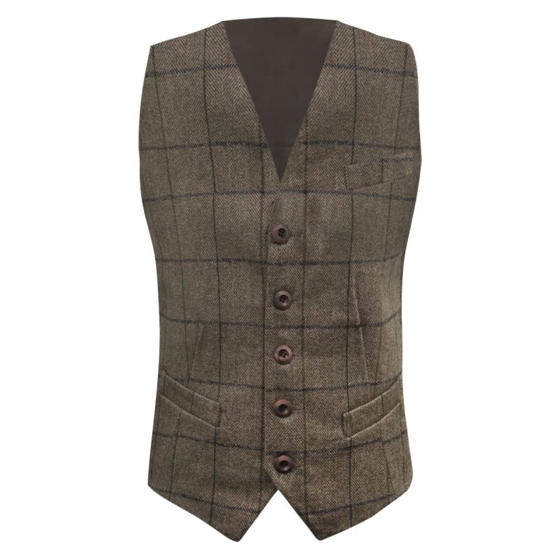 King & Priory Peanut Brown Herringbone Check Waistcoat