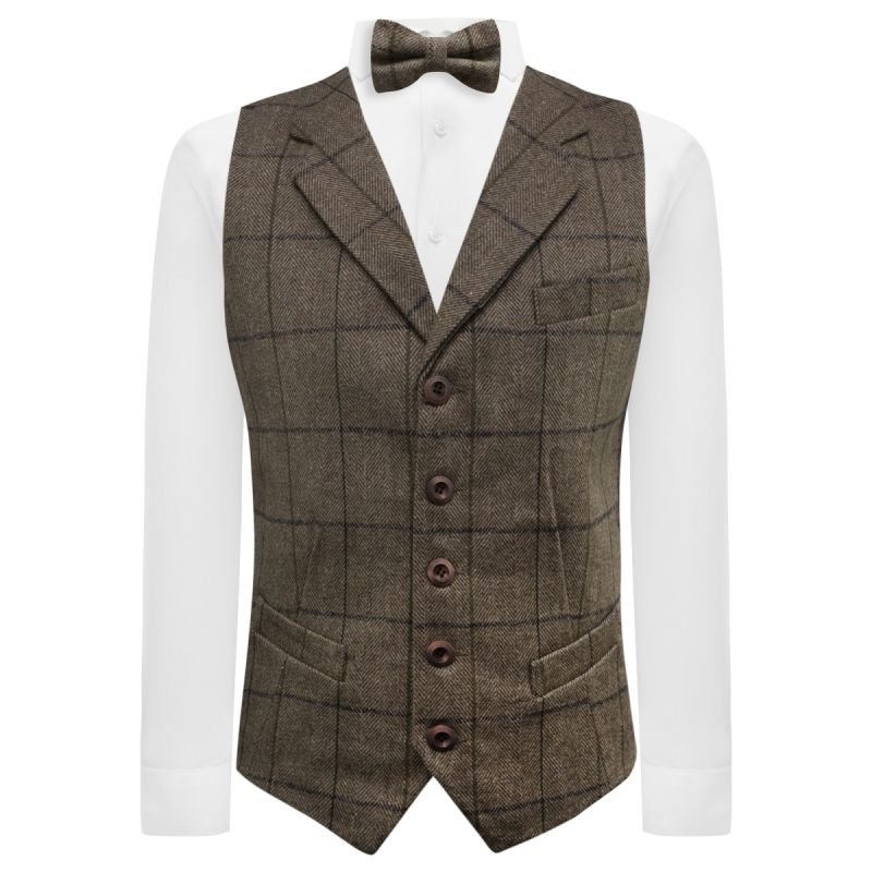 King & Priory Peanut Brown Herringbone Check Waistcoat With Lapel