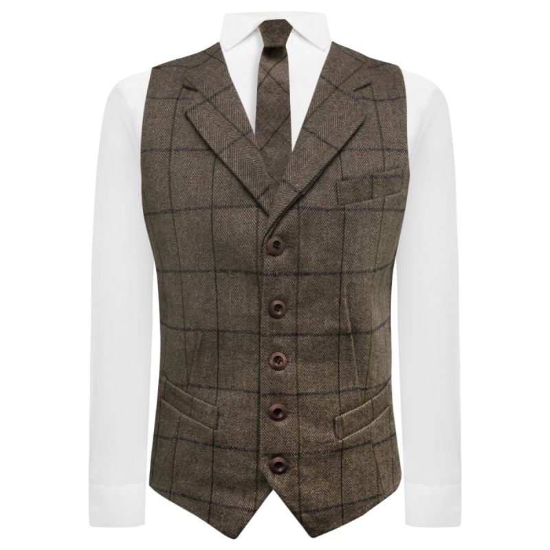 King & Priory Peanut Brown Herringbone Check Waistcoat With Lapel