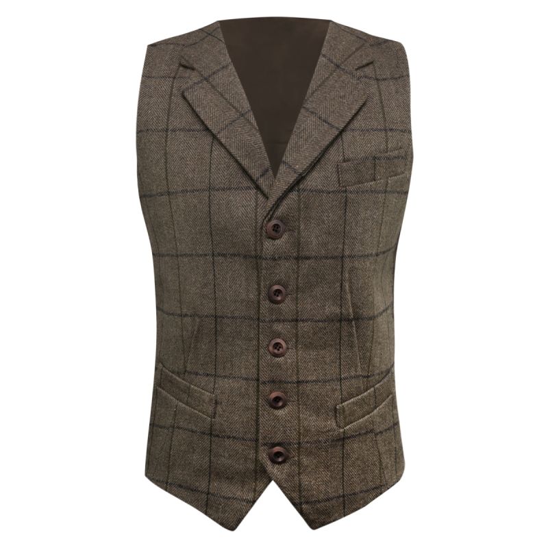 King & Priory Peanut Brown Herringbone Check Waistcoat With Lapel