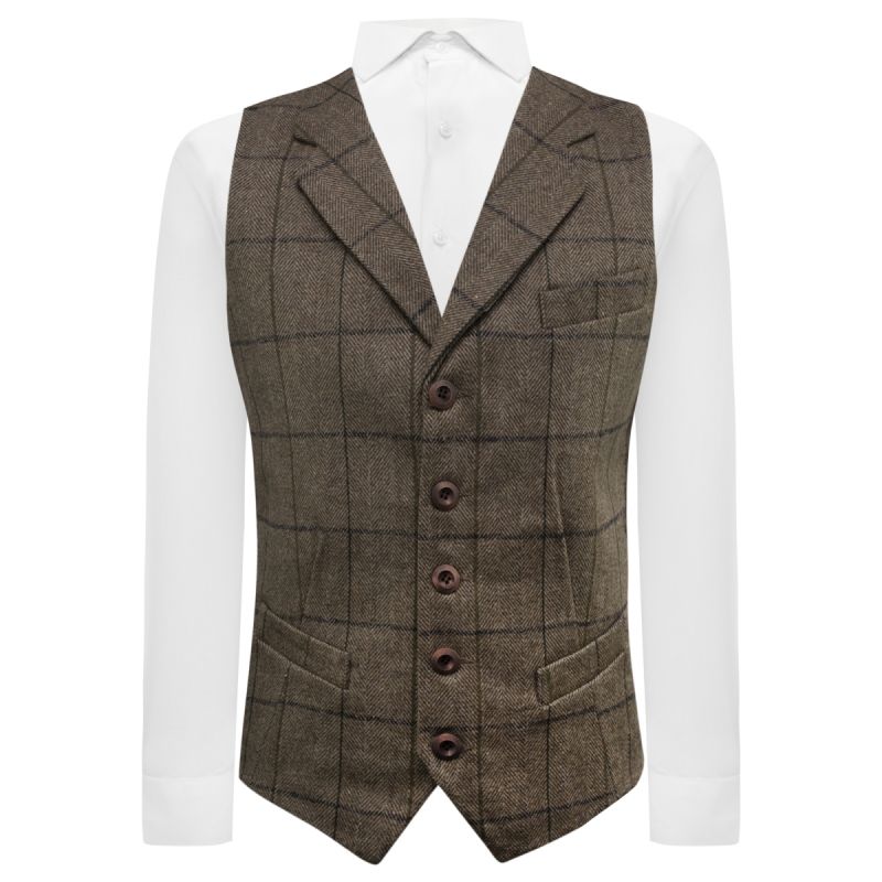 king & priory Peanut Brown Herringbone Check Waistcoat with Lapel